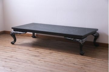 中古　民芸家具　ガラス天板付き　大振り　漆黒に映える螺鈿が美しい座卓(ローテーブル)(定価約100万円)
