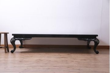 中古　民芸家具　ガラス天板付き　大振り　漆黒に映える螺鈿が美しい座卓(ローテーブル)(定価約100万円)