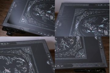中古　民芸家具　ガラス天板付き　大振り　漆黒に映える螺鈿が美しい座卓(ローテーブル)(定価約100万円)
