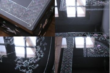 中古　民芸家具　ガラス天板付き　大振り　漆黒に映える螺鈿が美しい座卓(ローテーブル)(定価約100万円)