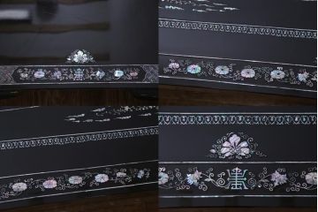 中古　民芸家具　ガラス天板付き　大振り　漆黒に映える螺鈿が美しい座卓(ローテーブル)(定価約100万円)