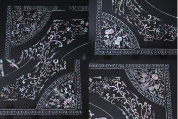 中古　民芸家具　ガラス天板付き　大振り　漆黒に映える螺鈿が美しい座卓(ローテーブル)(定価約100万円)