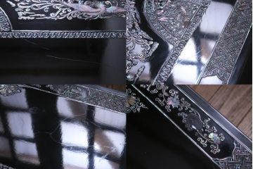 中古　民芸家具　ガラス天板付き　大振り　漆黒に映える螺鈿が美しい座卓(ローテーブル)(定価約100万円)