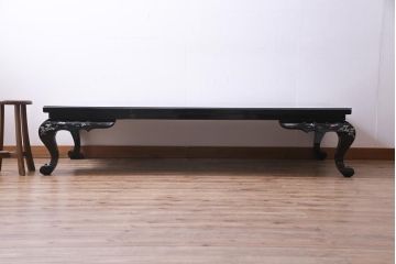 中古　民芸家具　ガラス天板付き　大振り　漆黒に映える螺鈿が美しい座卓(ローテーブル)(定価約100万円)