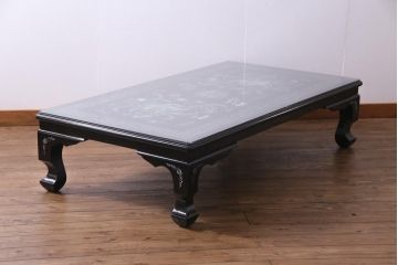 中古　民芸家具　ガラス天板付き　鳳凰　気品漂う螺鈿細工の座卓(ローテーブル)