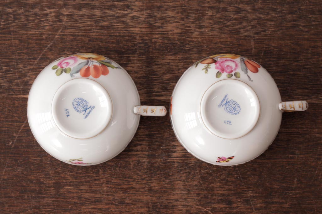 中古美品　HEREND HVNGARY(ヘレンド)　フルーツコンポジション　カップ&ソーサー2客セット(洋食器)(定価約9万7千円)