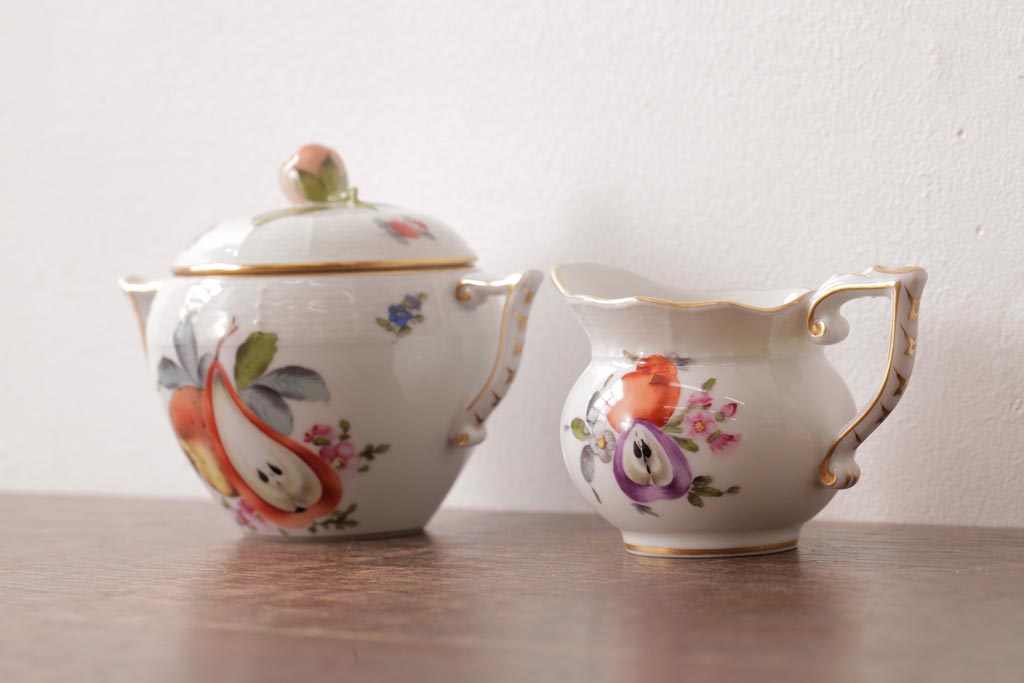 アンティーク雑貨　中古　ハンガリー　HEREND(ヘレンド)　フルーツコンポジション　ティーセット(シュガーポット、クリーマー)