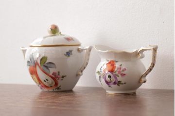 アンティーク雑貨　中古　ハンガリー　HEREND(ヘレンド)　フルーツコンポジション　ティーセット(シュガーポット、クリーマー)