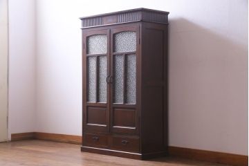 アンティーク家具　和製アンティーク　ナラ材　象嵌と浮き彫りが魅力的な大正ロマン香る本箱(収納棚)