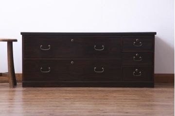 アンティーク家具　昭和初期　黒檀　天板を取り付けリメイクしたシックモダンなチェスト(ローボード、引き出し)