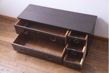 アンティーク家具　昭和初期　黒檀　天板を取り付けリメイクしたシックモダンなチェスト(ローボード、引き出し)