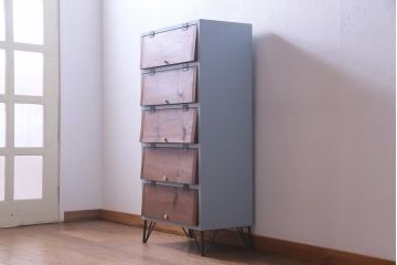 ラフジュ工房オリジナル　鉄脚　白いつまみが可愛らしいパタパタ扉の収納棚(5段タイプ)(戸棚、下駄箱)
