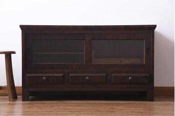 リメイク品　北海道民芸　チェッカーガラスがアクセントのローボード(テレビボード)(1)