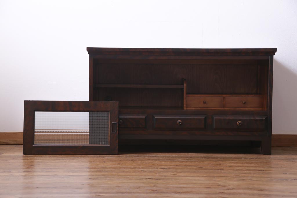 リメイク品　北海道民芸　チェッカーガラスがアクセントのローボード(テレビボード)(1)