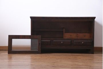 リメイク品　北海道民芸　チェッカーガラスがアクセントのローボード(テレビボード)(1)