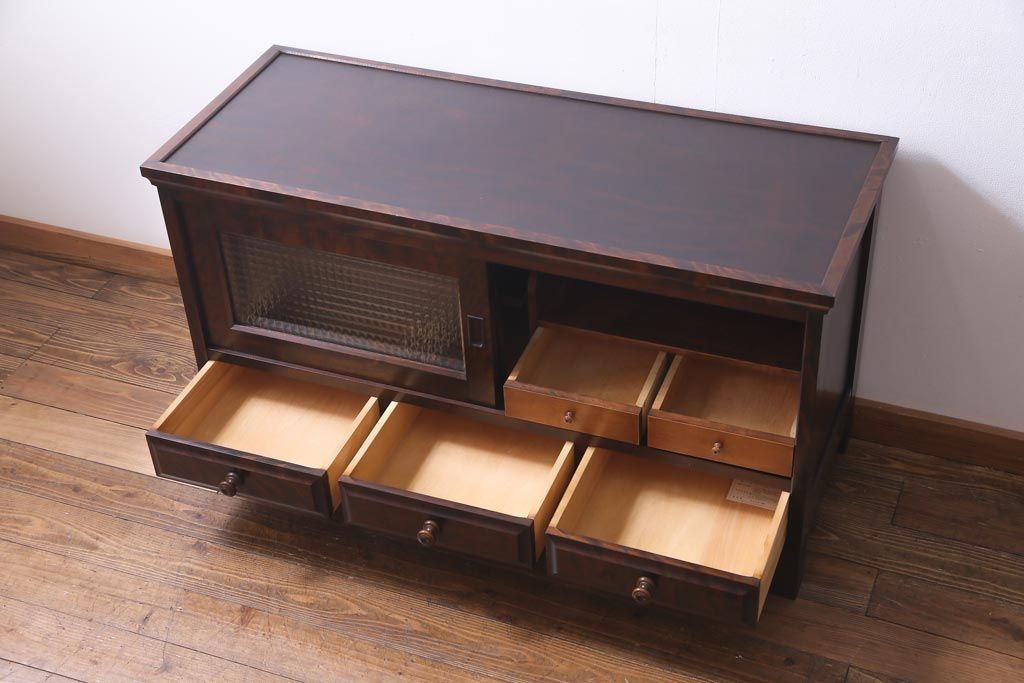 リメイク品　北海道民芸　チェッカーガラスがアクセントのローボード(テレビボード)(1)