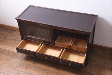リメイク品　北海道民芸　チェッカーガラスがアクセントのローボード(テレビボード)(1)