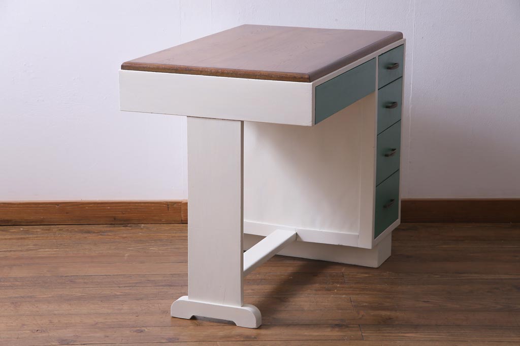 昭和初期　ペイント家具　爽やかな色合いが可愛らしいレトロな片袖机(デスク、在宅ワーク、在宅用作業台)