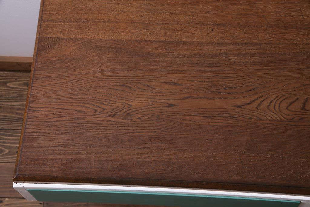 昭和初期　ペイント家具　爽やかな色合いが可愛らしいレトロな片袖机(デスク、在宅ワーク、在宅用作業台)