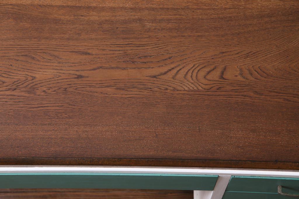 昭和初期　ペイント家具　爽やかな色合いが可愛らしいレトロな片袖机(デスク、在宅ワーク、在宅用作業台)