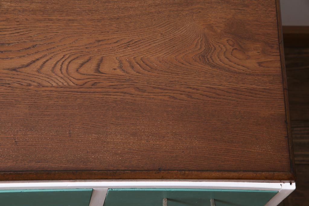 昭和初期　ペイント家具　爽やかな色合いが可愛らしいレトロな片袖机(デスク、在宅ワーク、在宅用作業台)