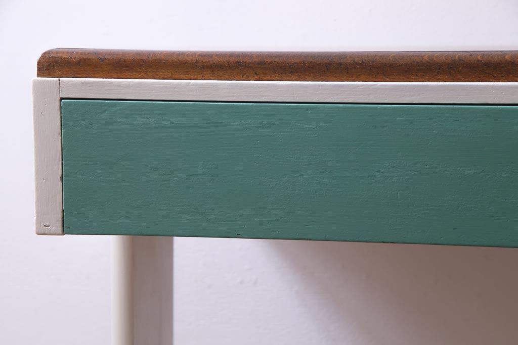 昭和初期　ペイント家具　爽やかな色合いが可愛らしいレトロな片袖机(デスク、在宅ワーク、在宅用作業台)