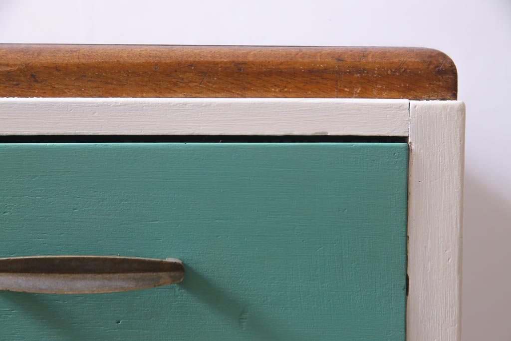 昭和初期　ペイント家具　爽やかな色合いが可愛らしいレトロな片袖机(デスク、在宅ワーク、在宅用作業台)