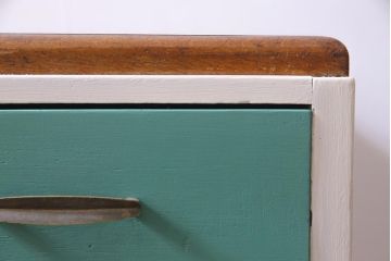 昭和初期　ペイント家具　爽やかな色合いが可愛らしいレトロな片袖机(デスク、在宅ワーク、在宅用作業台)