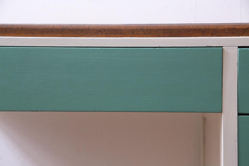 昭和初期　ペイント家具　爽やかな色合いが可愛らしいレトロな片袖机(デスク、在宅ワーク、在宅用作業台)