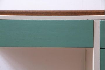 昭和初期　ペイント家具　爽やかな色合いが可愛らしいレトロな片袖机(デスク、在宅ワーク、在宅用作業台)