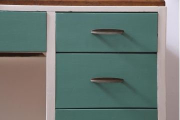 昭和初期　ペイント家具　爽やかな色合いが可愛らしいレトロな片袖机(デスク、在宅ワーク、在宅用作業台)