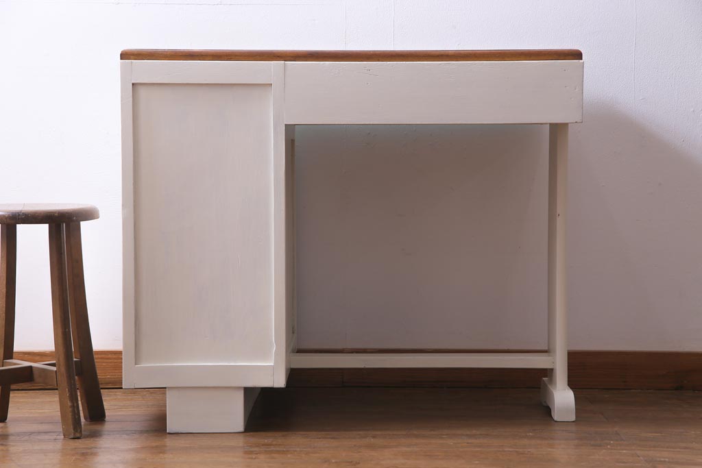 昭和初期　ペイント家具　爽やかな色合いが可愛らしいレトロな片袖机(デスク、在宅ワーク、在宅用作業台)