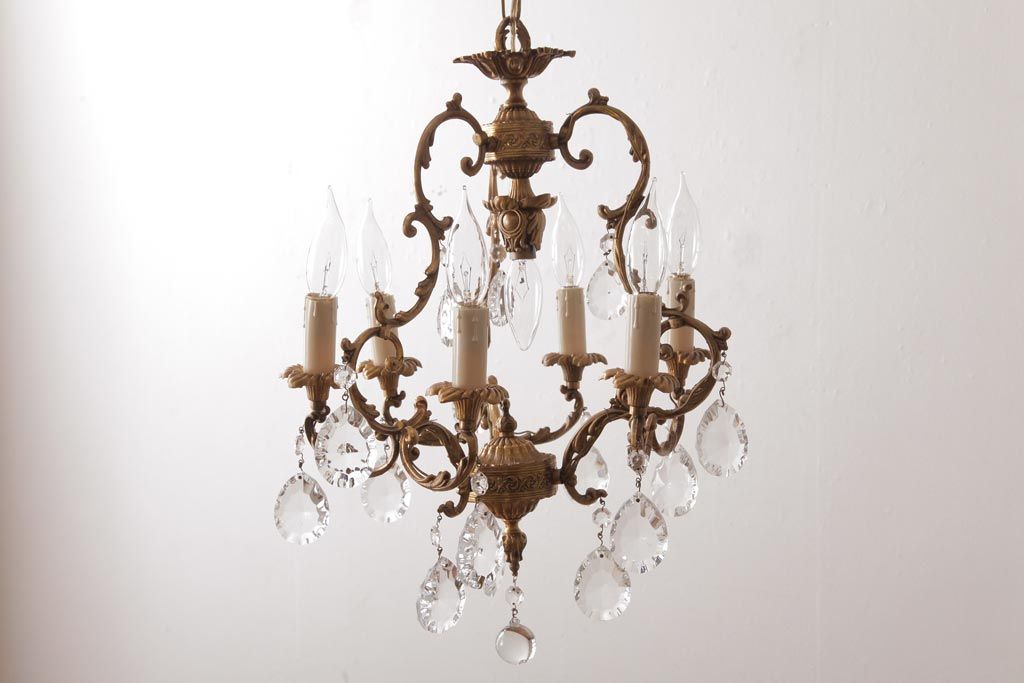 フランスアンティーク　ガラスドロップ　激レア!7灯　ケージ型シャンデリア(天井照明、吊り下げ照明)