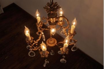 フランスアンティーク　ガラスドロップ　激レア!7灯　ケージ型シャンデリア(天井照明、吊り下げ照明)