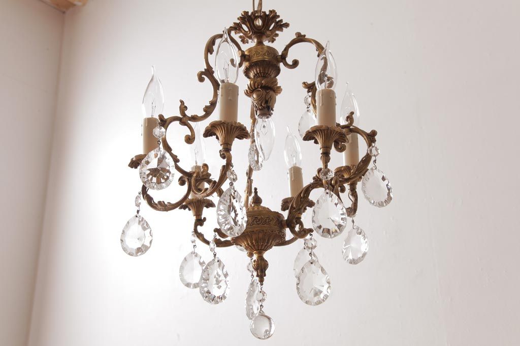 フランスアンティーク　ガラスドロップ　激レア!7灯　ケージ型シャンデリア(天井照明、吊り下げ照明)