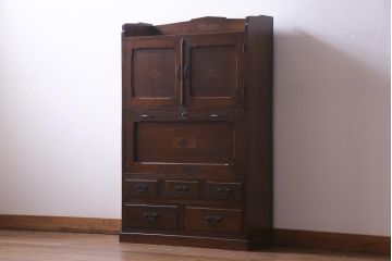レトロ家具　大正ロマン　象嵌入り　レトロな魅力あふれる棚付きライティングビューロー(デスク、机、在宅ワーク、在宅用)