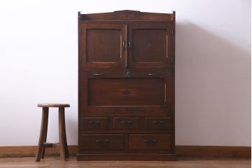 レトロ家具　大正ロマン　象嵌入り　レトロな魅力あふれる棚付きライティングビューロー(デスク、机、在宅ワーク、在宅用)