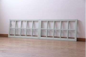ペイント建具　フランスアンティーク　爽やかでシャビーなフィックス窓(明り取り、はめ殺し)2枚セット