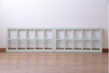 ペイント建具　フランスアンティーク　爽やかでシャビーなフィックス窓(明り取り、はめ殺し)2枚セット