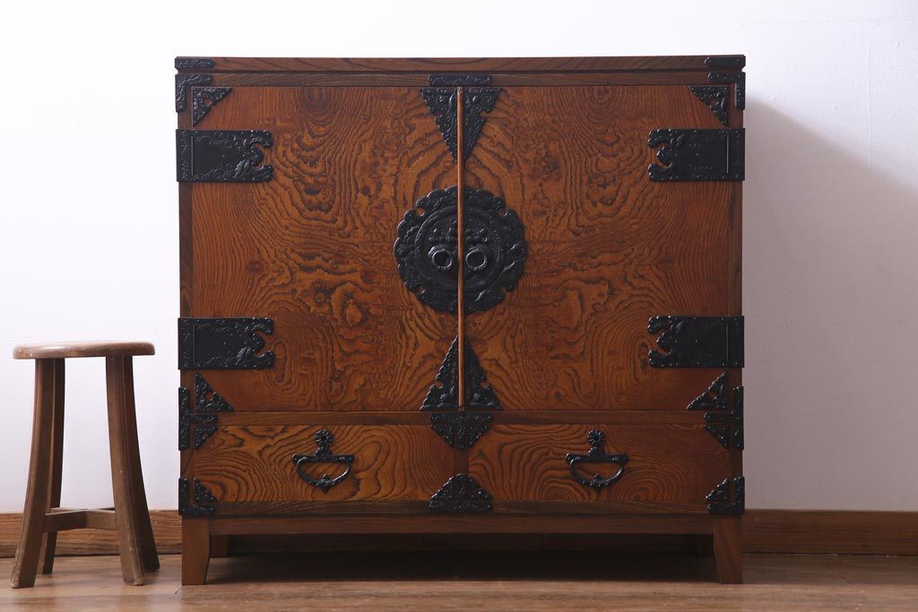 棚　木製　収納棚　古道具　古家具　アンティーク　ヴィンテージ　レトロ ガラス棚 引出し付き 収納棚 収納 木製 昭和初期 古道具