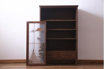 ラフジュ工房オリジナル　前板栗材　引き出し付き　両面ガラス　古い建具を活用した収納棚(組子、戸棚、キャビネット)