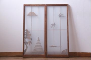 ラフジュ工房オリジナル　前板栗材　引き出し付き　両面ガラス　古い建具を活用した収納棚(組子、戸棚、キャビネット)
