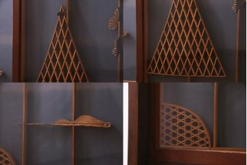 ラフジュ工房オリジナル　前板栗材　引き出し付き　両面ガラス　古い建具を活用した収納棚(組子、戸棚、キャビネット)