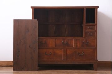 アンティーク家具　大正昭和初期　前面ケヤキ材　漆塗り　組子細工　ひょうたん型の取っ手が遊び心感じる収納棚(戸棚)