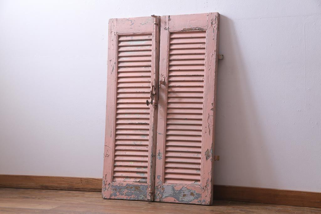 ジャンク品　フランスアンティーク　オリジナルペイントが趣あふれるルーバー扉1対(両開き窓、建具)