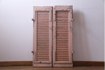 ジャンク品　フランスアンティーク　オリジナルペイントが趣あふれるルーバー扉1対(両開き窓、建具)