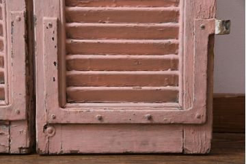 ジャンク品　フランスアンティーク　オリジナルペイントが趣あふれるルーバー扉1対(両開き窓、建具)