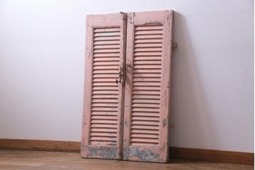 ジャンク品　フランスアンティーク　オリジナルペイントが趣あふれるルーバー扉1対(両開き窓、建具)