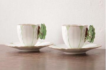 イギリスアンティーク　AYNSLEY(エインズレイ) バタフライ(蝶々)　デミタスカップ&ソーサー2客セット(洋食器)(1)