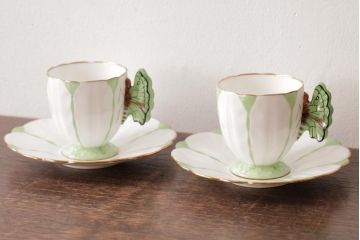 イギリスアンティーク　AYNSLEY(エインズレイ) バタフライ(蝶々)　デミタスカップ&ソーサー2客セット(洋食器)(2)
